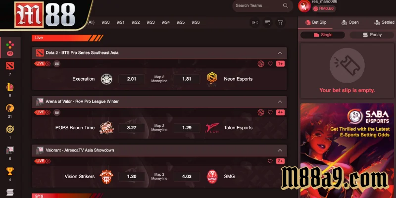 Giao diện Saba-Esports tại M88 thân thiện, tốc độ phản hồi nhanh